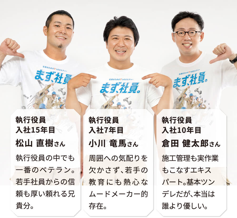 執行役員　入社15年目　松山直樹さん　執行役員の中でも一番のベテラン。若手社員からの信頼も厚い頼れる兄貴分。/執行役員　入社7年目　小川竜馬さん　周囲への気配りを欠かさず、若手の教育にも熱心なムードメーカー的存在。/執行役員　入社10年目　倉田健太郎さん　施工管理も実作業もこなすエキスパート。基本ツンデレだが、本当は誰より優しい。
